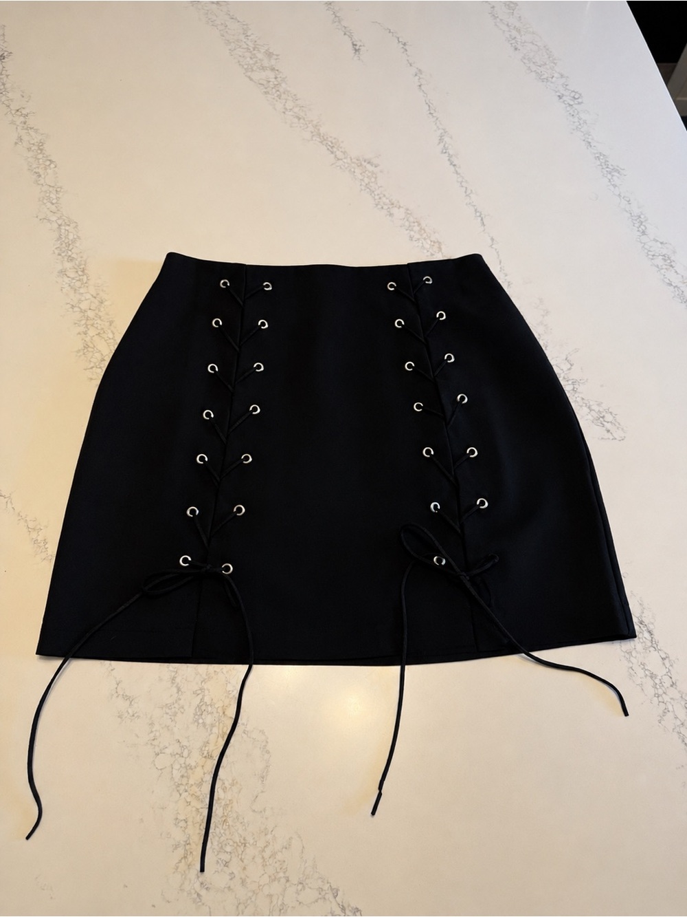 Lined Black Lace-Up Mini Skirt with zipper back (the laces are suede)